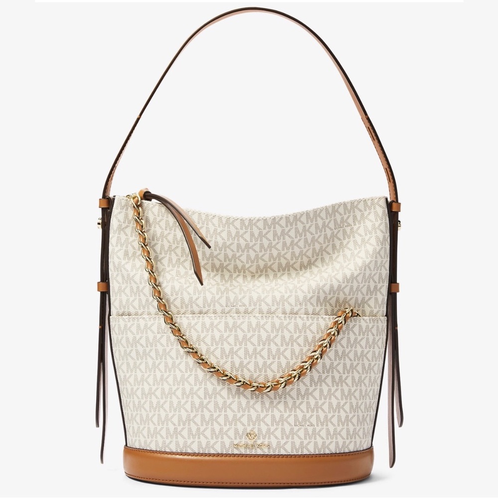 Michael Kors Reese Large Logo Gold Chain Shoulder Bag Cream With Tan Leather - Picture 2 of 16